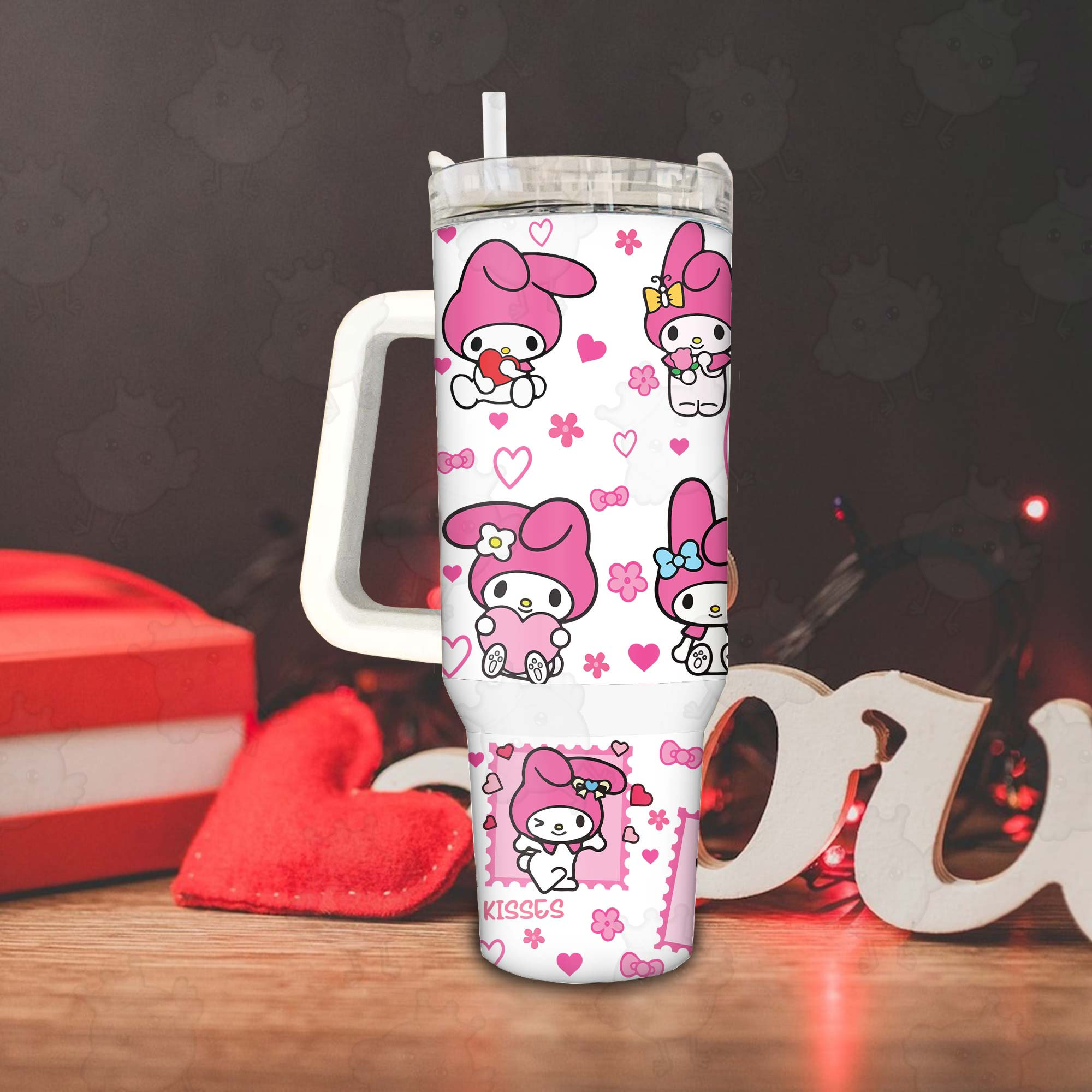 Pink Cat My Melody Coffee Tumbler 30oz or 40oz, Valentine Movies Tumbler, Pink Valentine 40oz Quencher Tumbler, Valentine Cartoon 40oz Tumbler HFN