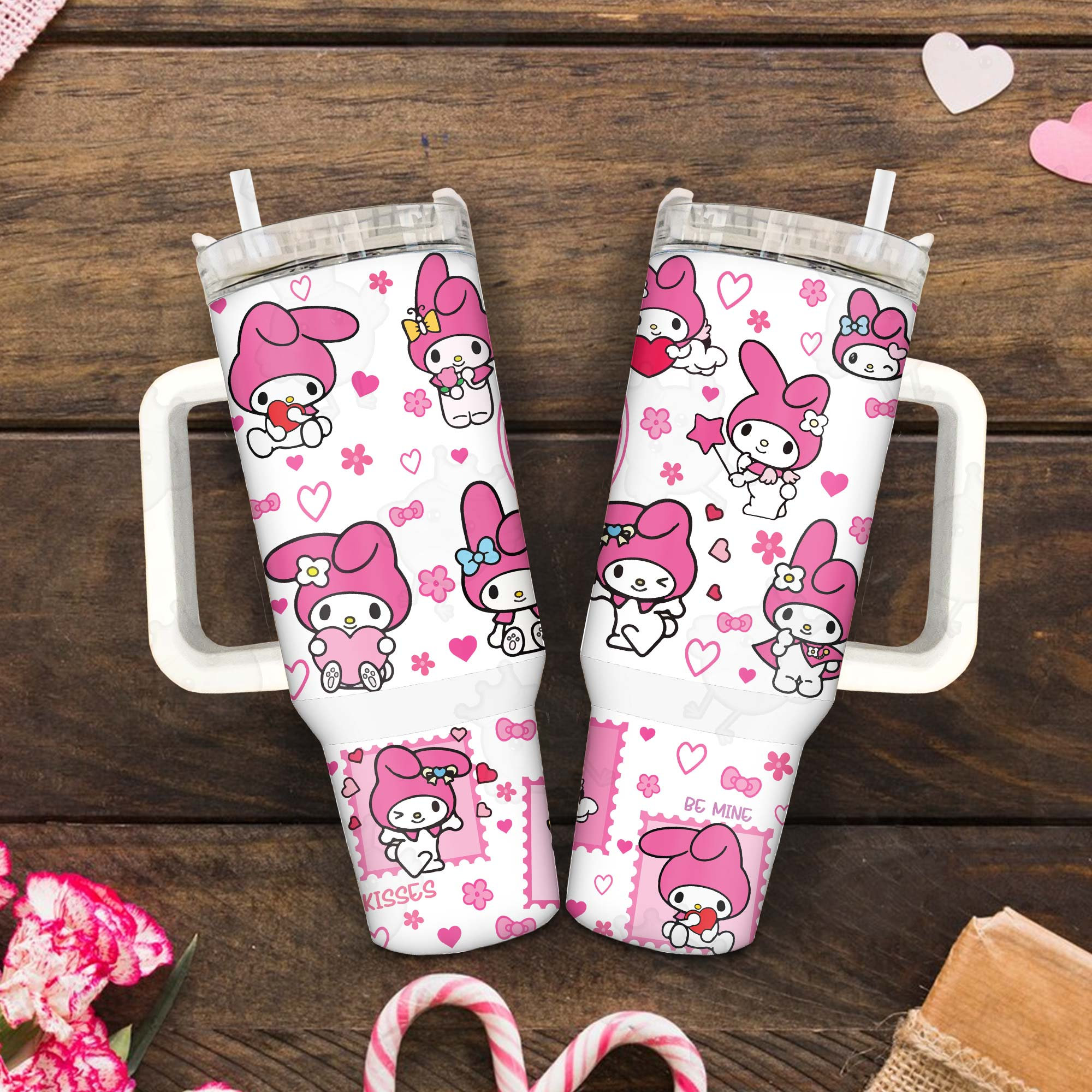 Pink Cat My Melody Coffee Tumbler 30oz or 40oz, Valentine Movies Tumbler, Pink Valentine 40oz Quencher Tumbler, Valentine Cartoon 40oz Tumbler HFN