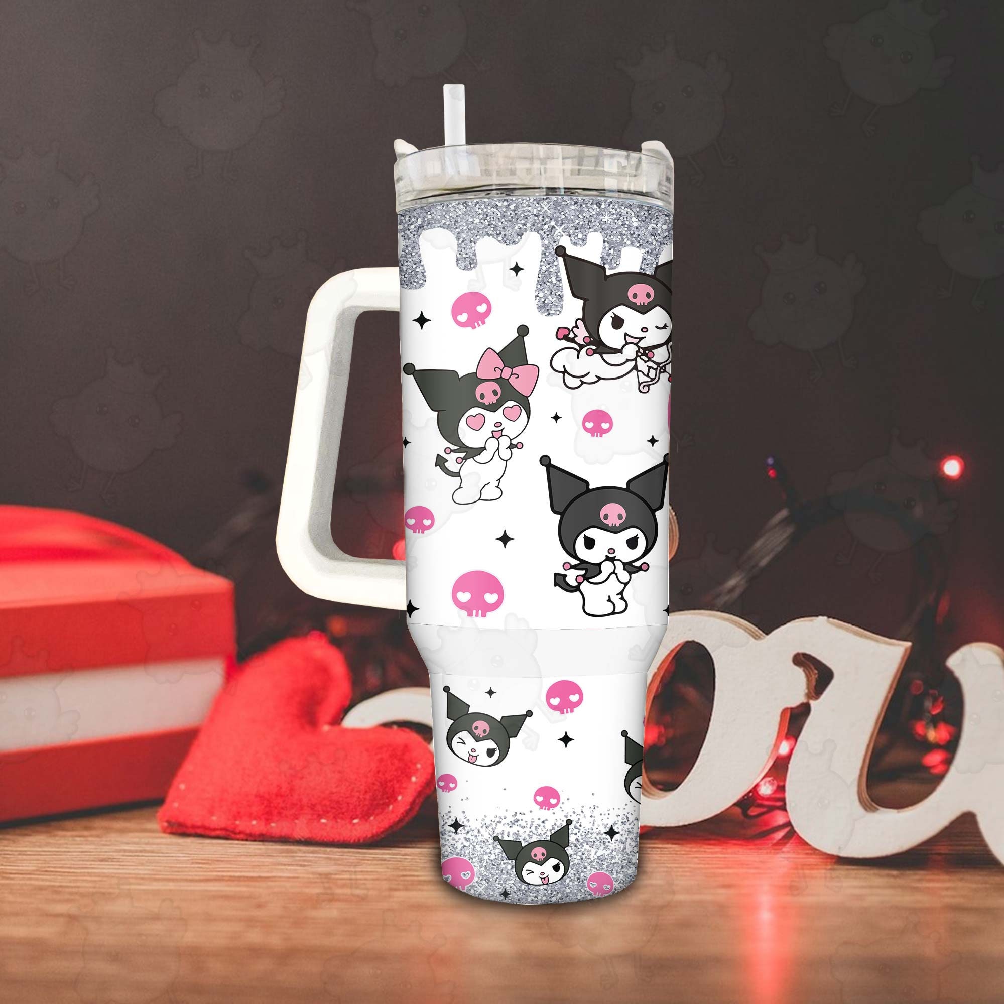 Kuromi Coffee Tumbler 30oz or 40oz, Valentine Movies Tumbler, Hello Kitty Fans Gift Valentine 40oz Quencher Tumbler, Valentine Cartoon 40oz Tumbler HFN