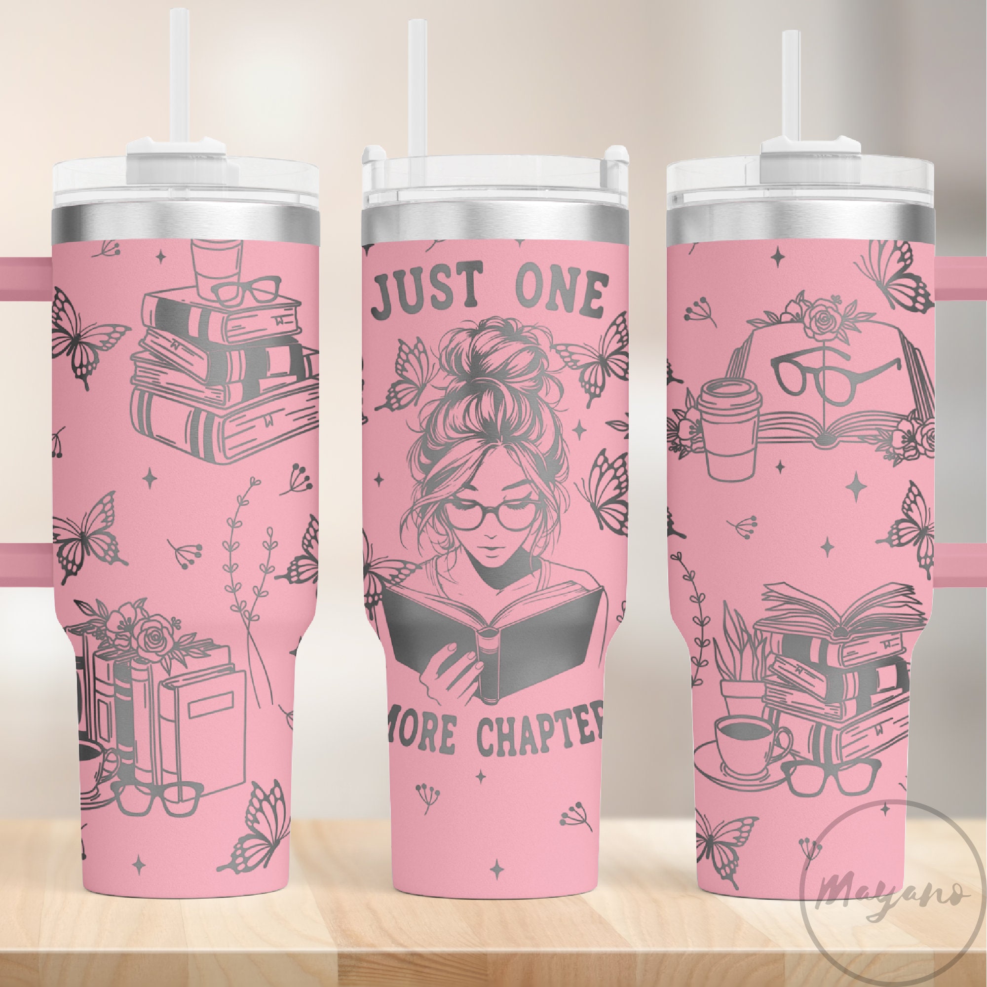 Just One More Chapter Book Lover Laser Engraving 30oz or 40oz Tumbler with Handle, Birthday Anniversary Tumbler Gift HFN