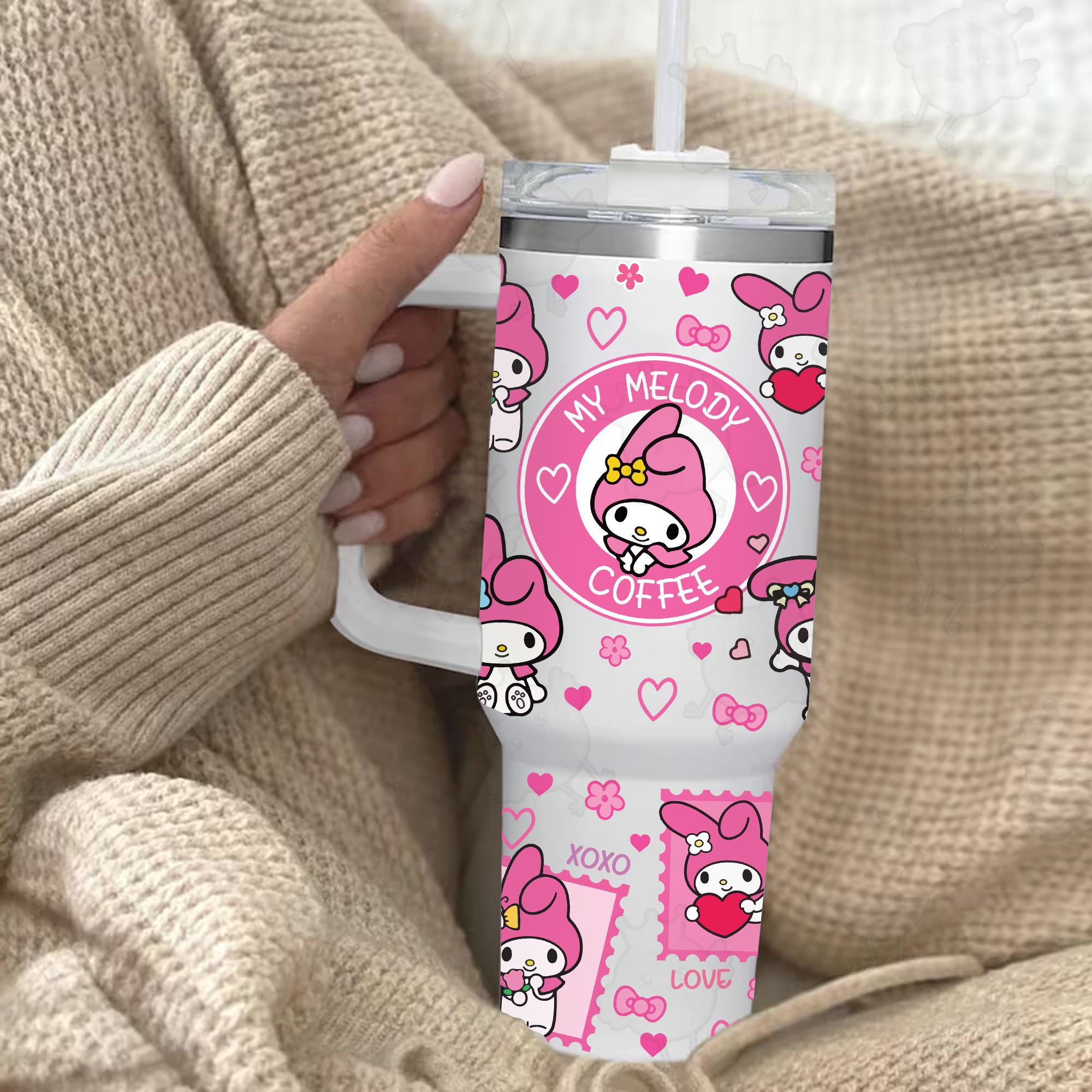 Pink Cat My Melody Coffee Tumbler 30oz or 40oz, Valentine Movies Tumbler, Pink Valentine 40oz Quencher Tumbler, Valentine Cartoon 40oz Tumbler HFN