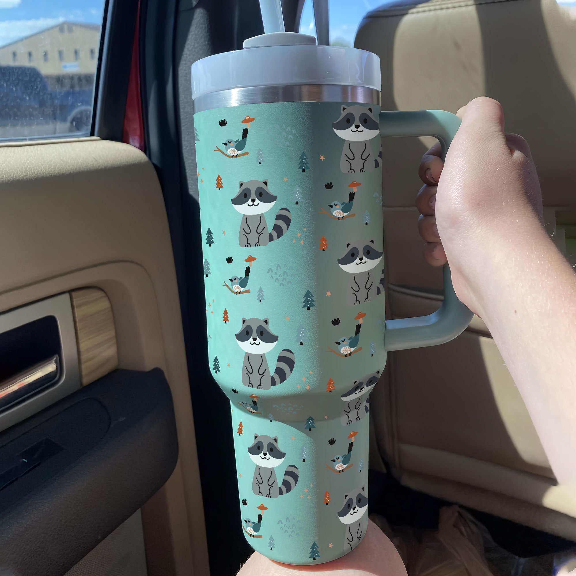 Bird Racoon Tumbler 30oz or 40oz With Handle, Forest Pattern 30oz or 40oz Tumbler, Woodland Animal Tumbler 30oz or 40oz, Stainless Steel Tumbler, Insulated Tumbler HFN