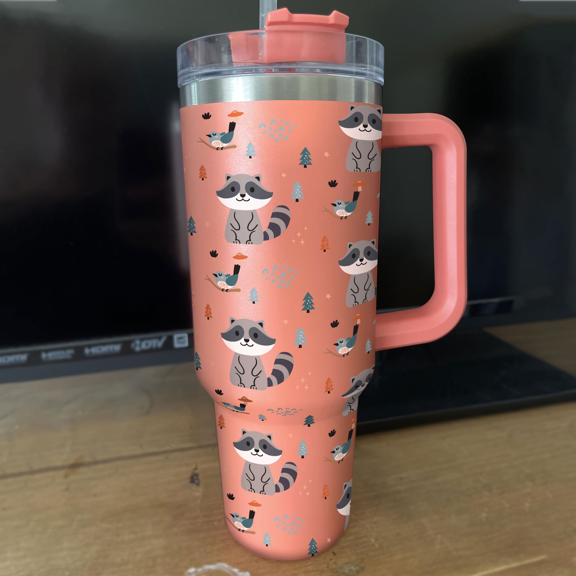 Bird Racoon Tumbler 30oz or 40oz With Handle, Forest Pattern 30oz or 40oz Tumbler, Woodland Animal Tumbler 30oz or 40oz, Stainless Steel Tumbler, Insulated Tumbler HFN