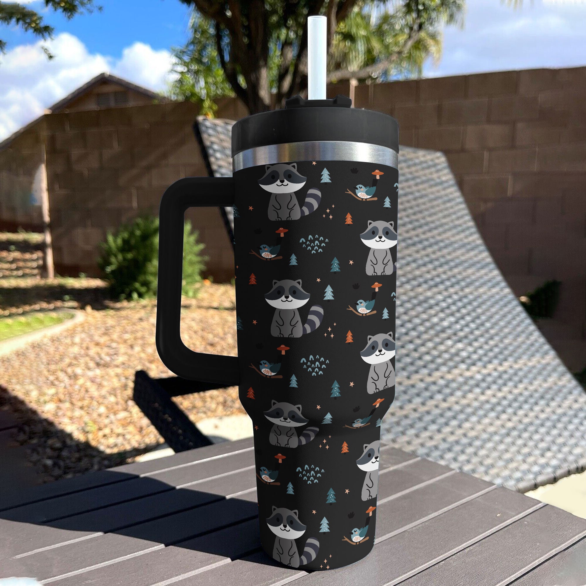 Bird Racoon Tumbler 30oz or 40oz With Handle, Forest Pattern 30oz or 40oz Tumbler, Woodland Animal Tumbler 30oz or 40oz, Stainless Steel Tumbler, Insulated Tumbler HFN