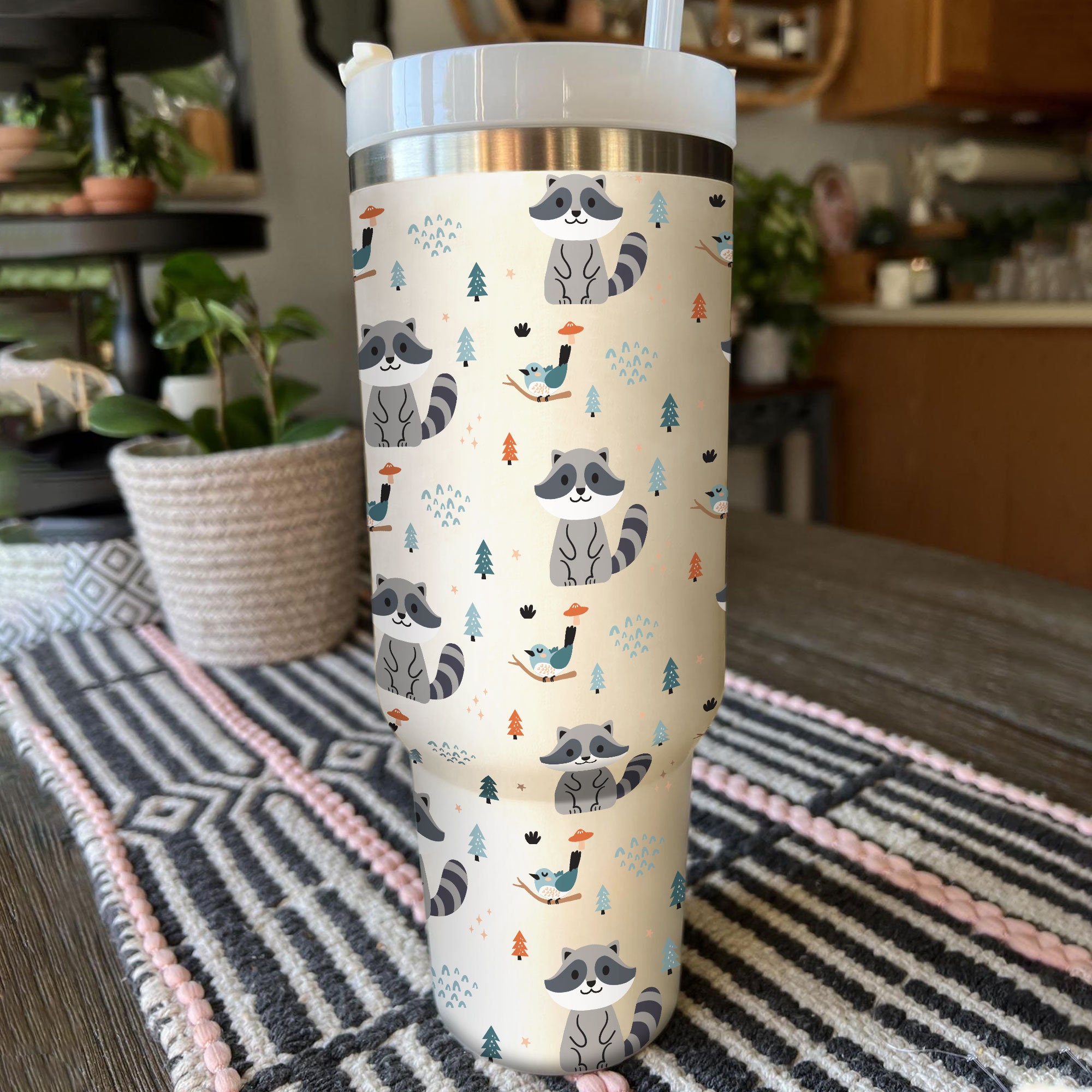 Bird Racoon Tumbler 30oz or 40oz With Handle, Forest Pattern 30oz or 40oz Tumbler, Woodland Animal Tumbler 30oz or 40oz, Stainless Steel Tumbler, Insulated Tumbler HFN