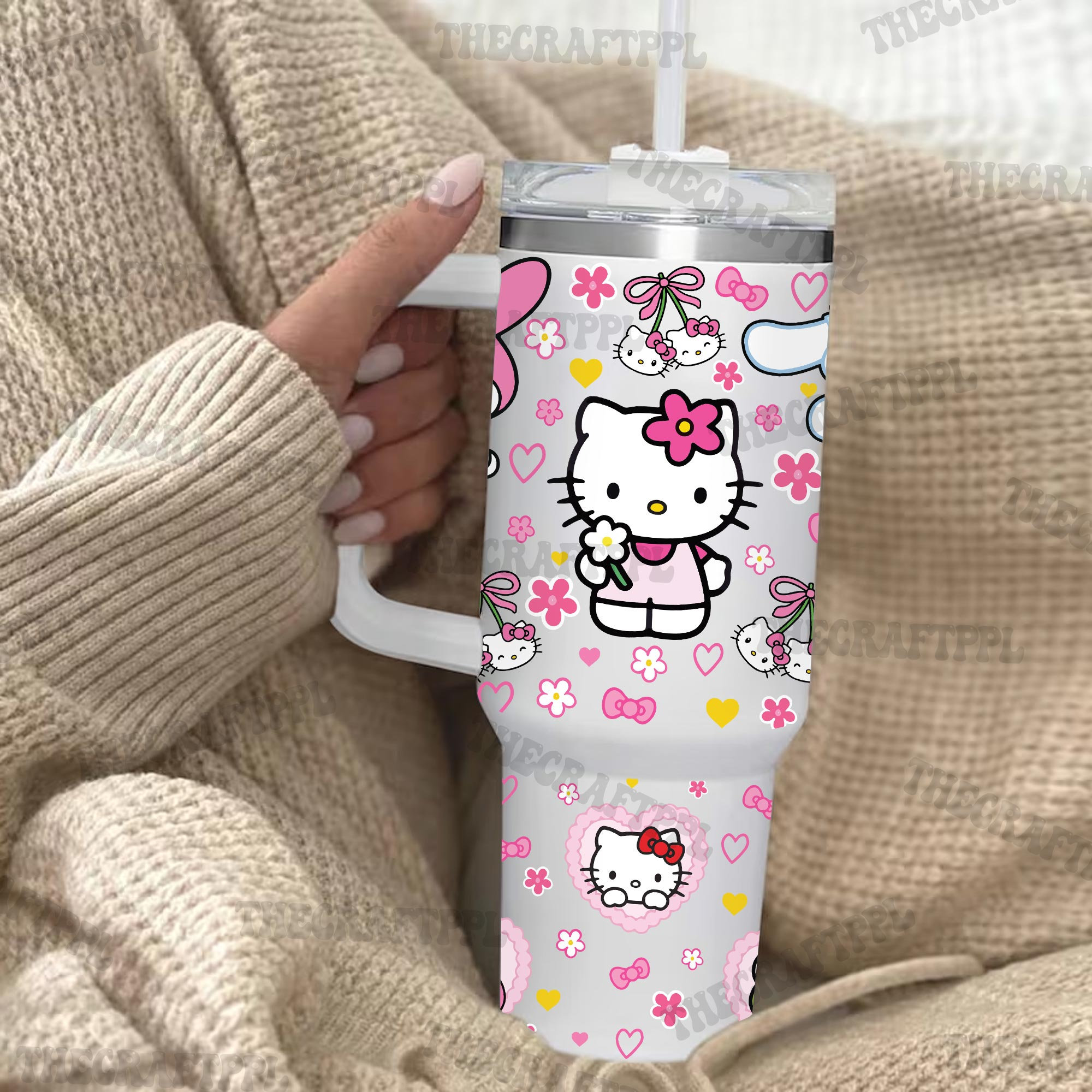 Friends Cat Hello Kitty Fan 30oz or 40oz Tumbler with Handle, Cute Cat Tumbler, Cartoon Movies Fan Gift, Gift For Mom 40oz Quencher Tumbler HFN