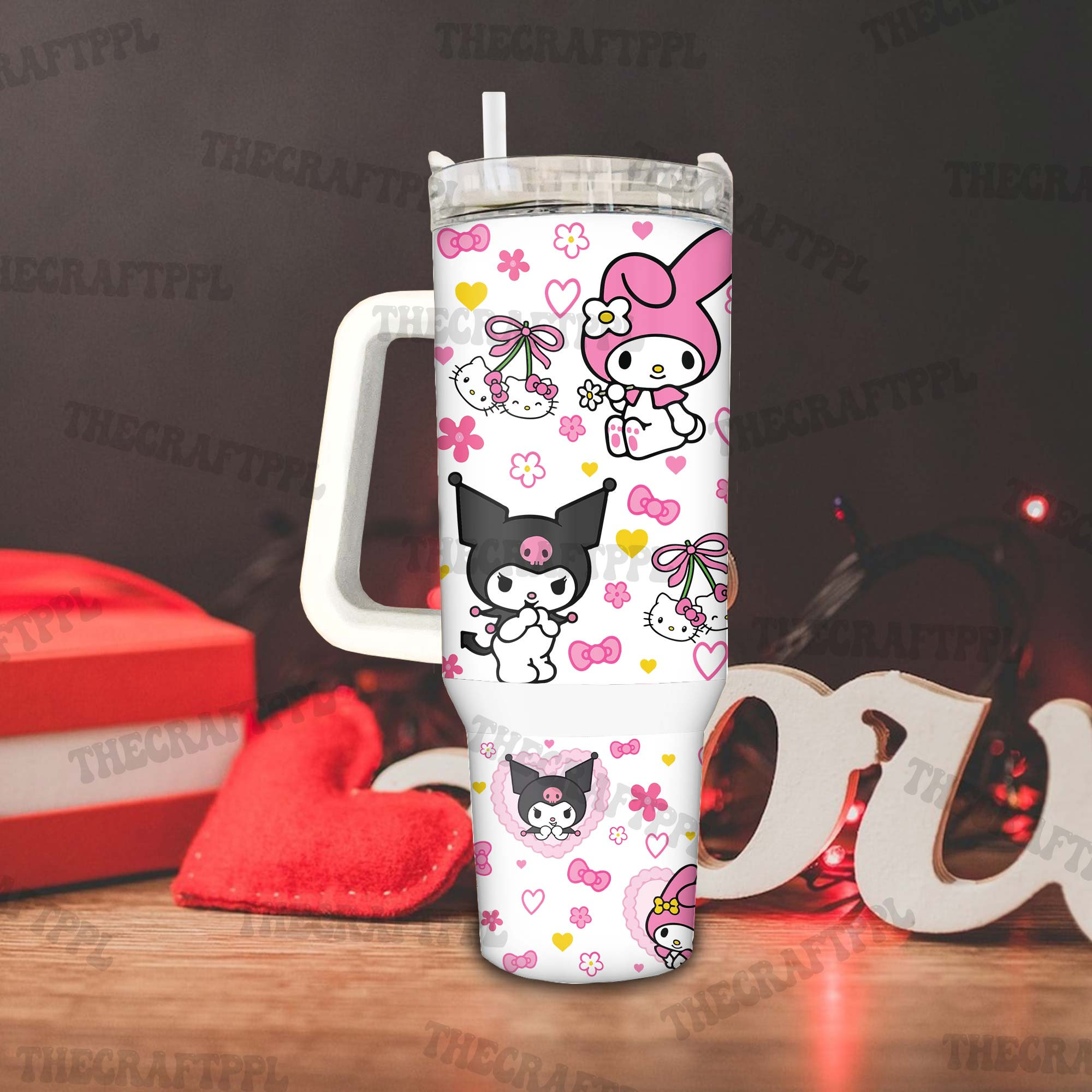 Friends Cat Hello Kitty Fan 30oz or 40oz Tumbler with Handle, Cute Cat Tumbler, Cartoon Movies Fan Gift, Gift For Mom 40oz Quencher Tumbler HFN