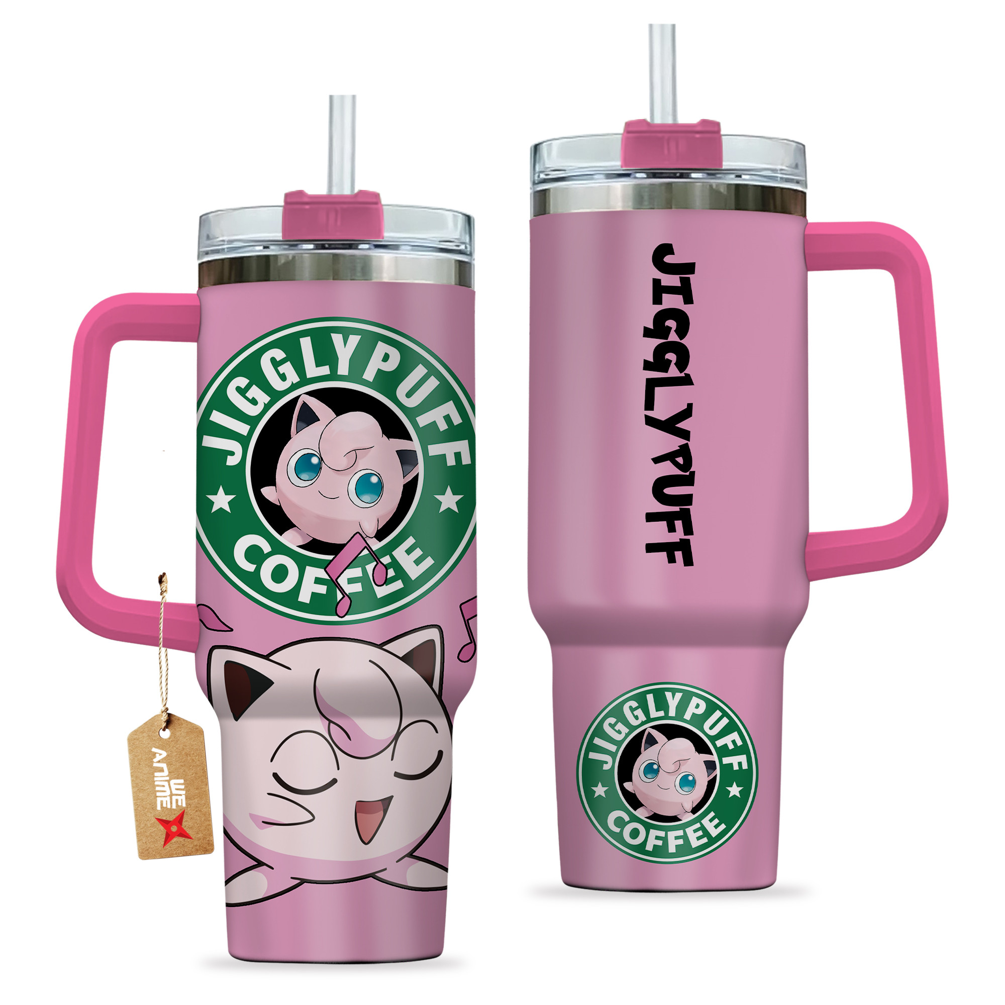 Jigglypuff Coffee Pokemon Anime Custom 30oz or 40oz Quencher Stainless Steel Tumbler With Handle, Best Gift Idea NVA