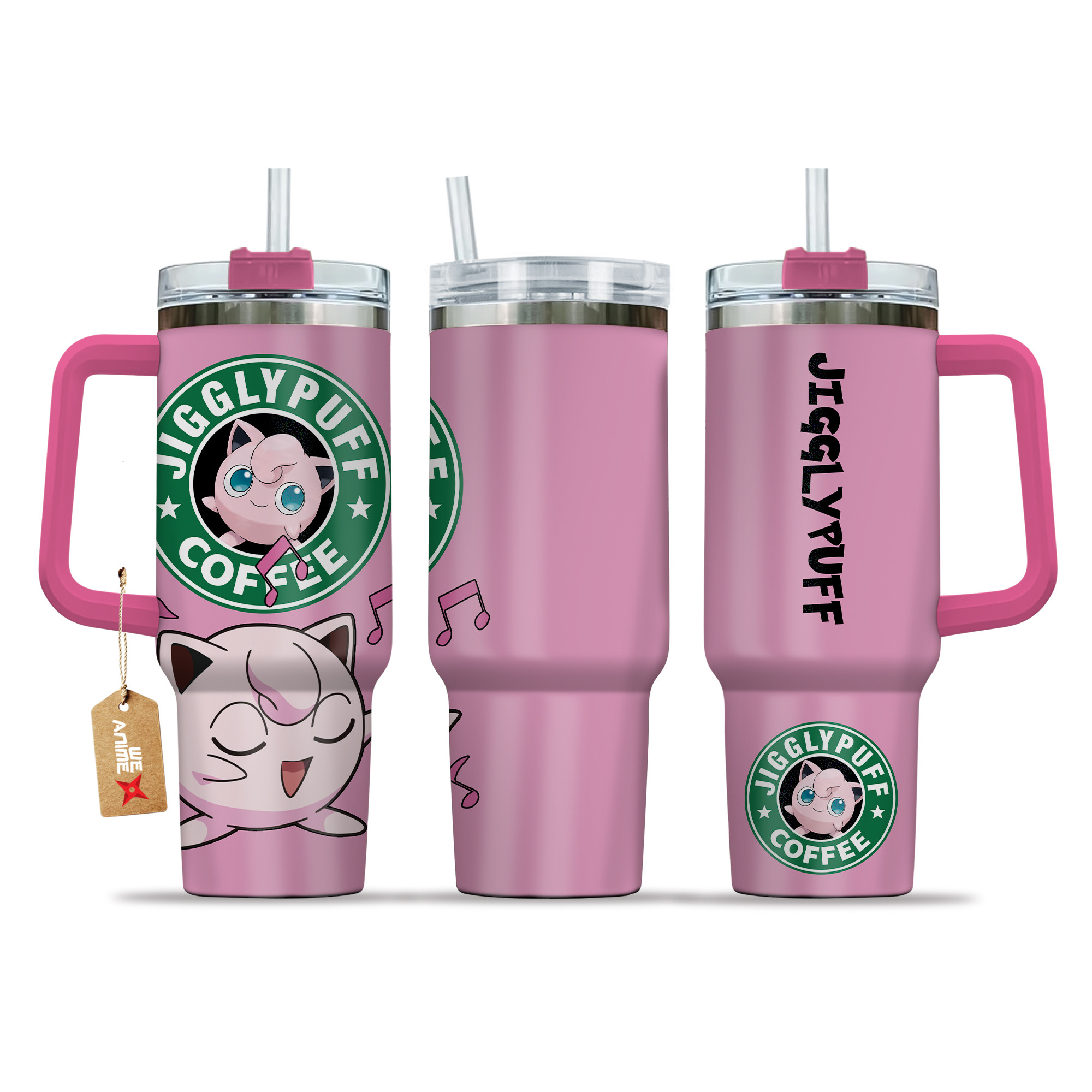 Jigglypuff Coffee Pokemon Anime Custom 30oz or 40oz Quencher Stainless Steel Tumbler With Handle, Best Gift Idea NVA