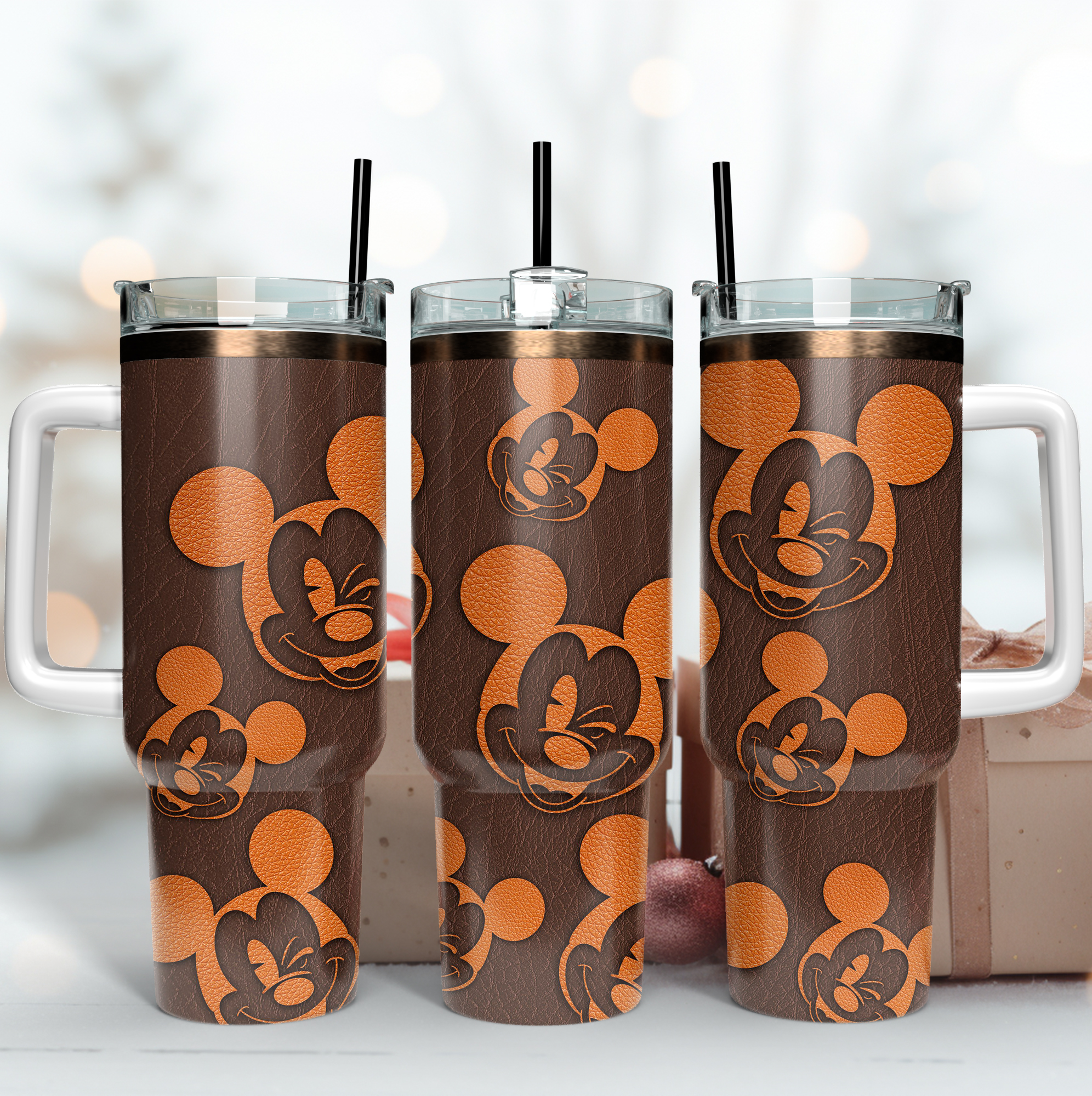 Mickey Mouse Disney Cartoon Leather Print Custom Quencher 30oz or 40oz Stainless Steel Tumbler With Handle HG