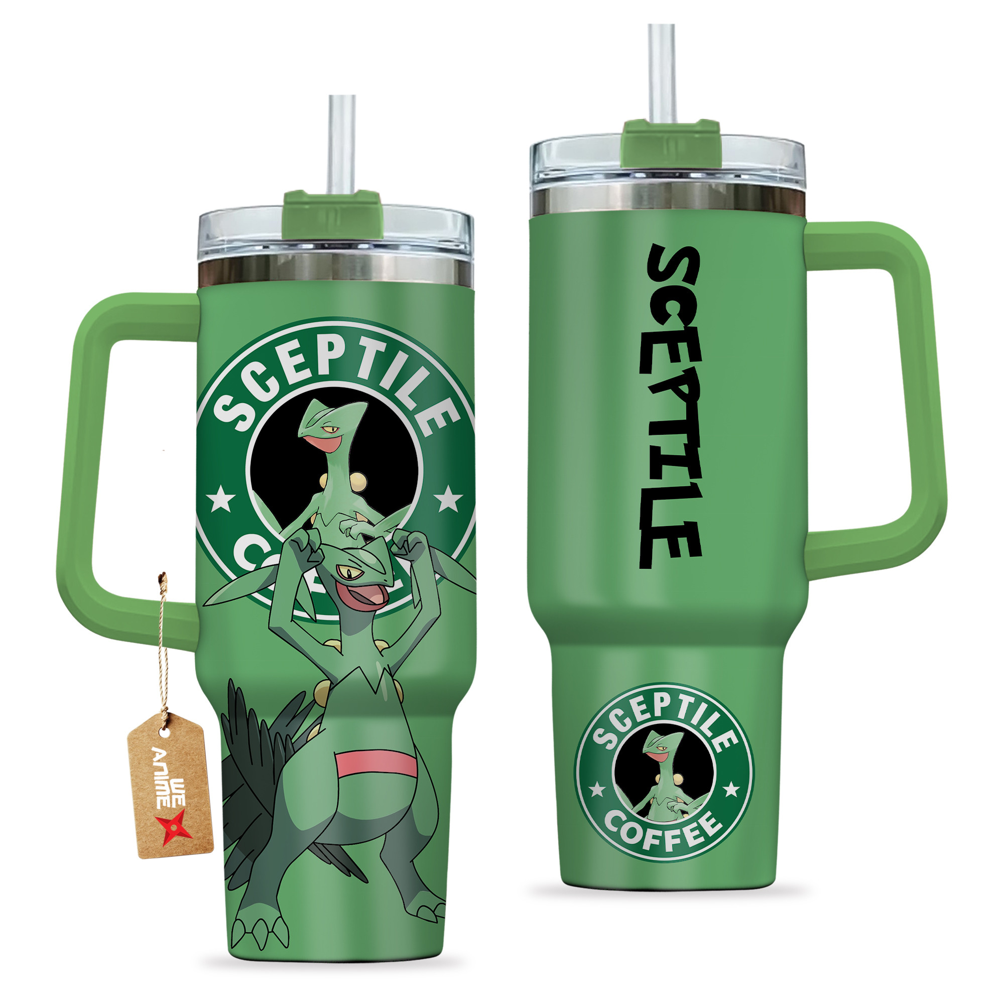 Sceptile Coffee Pokemon Anime Custom 30oz or 40oz Quencher Stainless Steel Tumbler With Handle, Best Gift Idea NVA