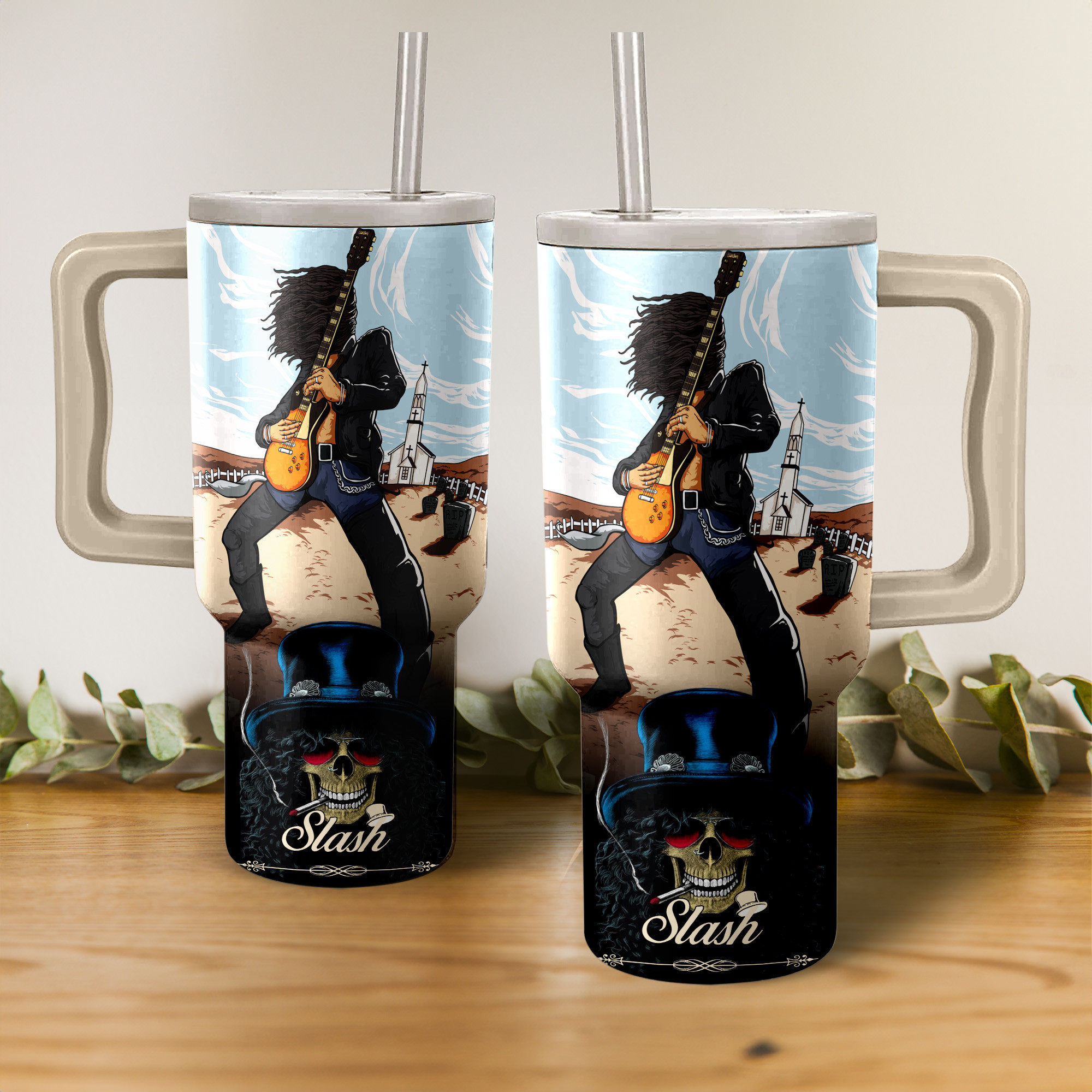 Slash Guns Nā Roses Music Custom Stanley Quencher 40oz Stainless Steel Tumbler HG With Handle