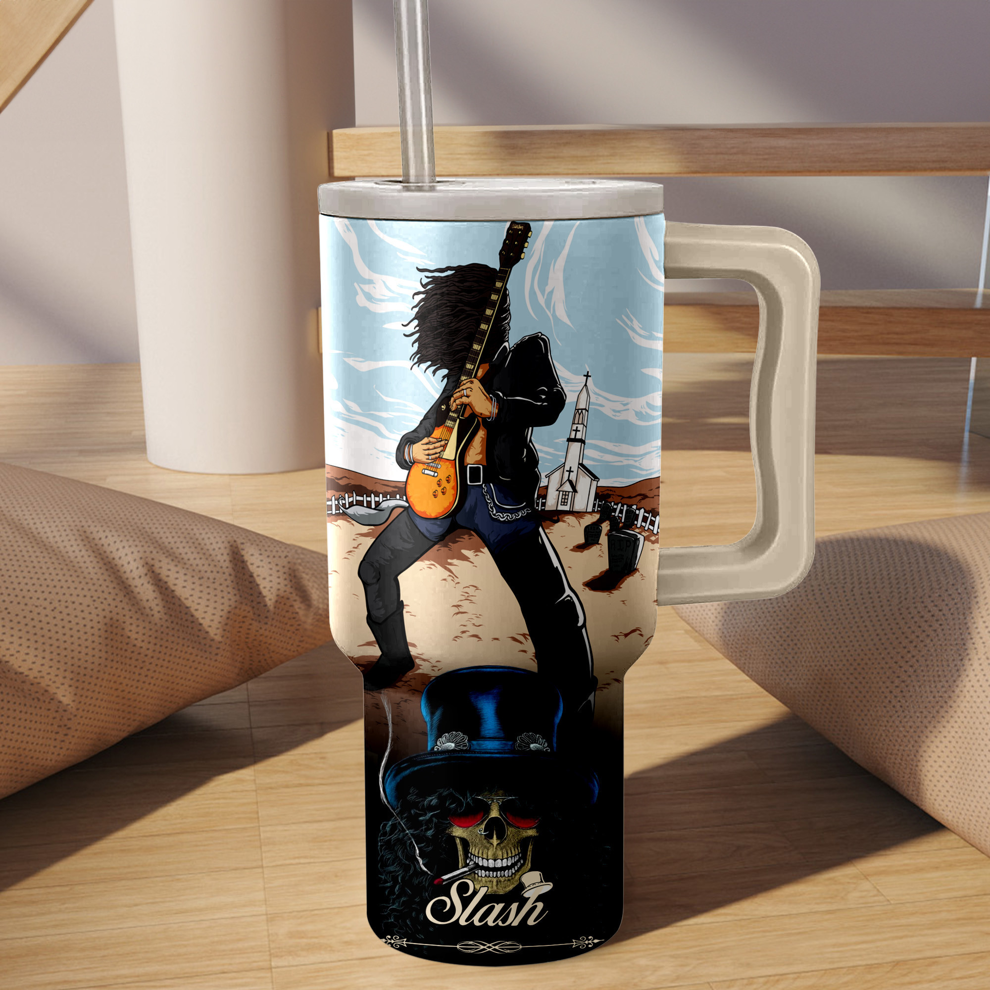 Slash Guns Nā Roses Music Custom Stanley Quencher 40oz Stainless Steel Tumbler HG With Handle