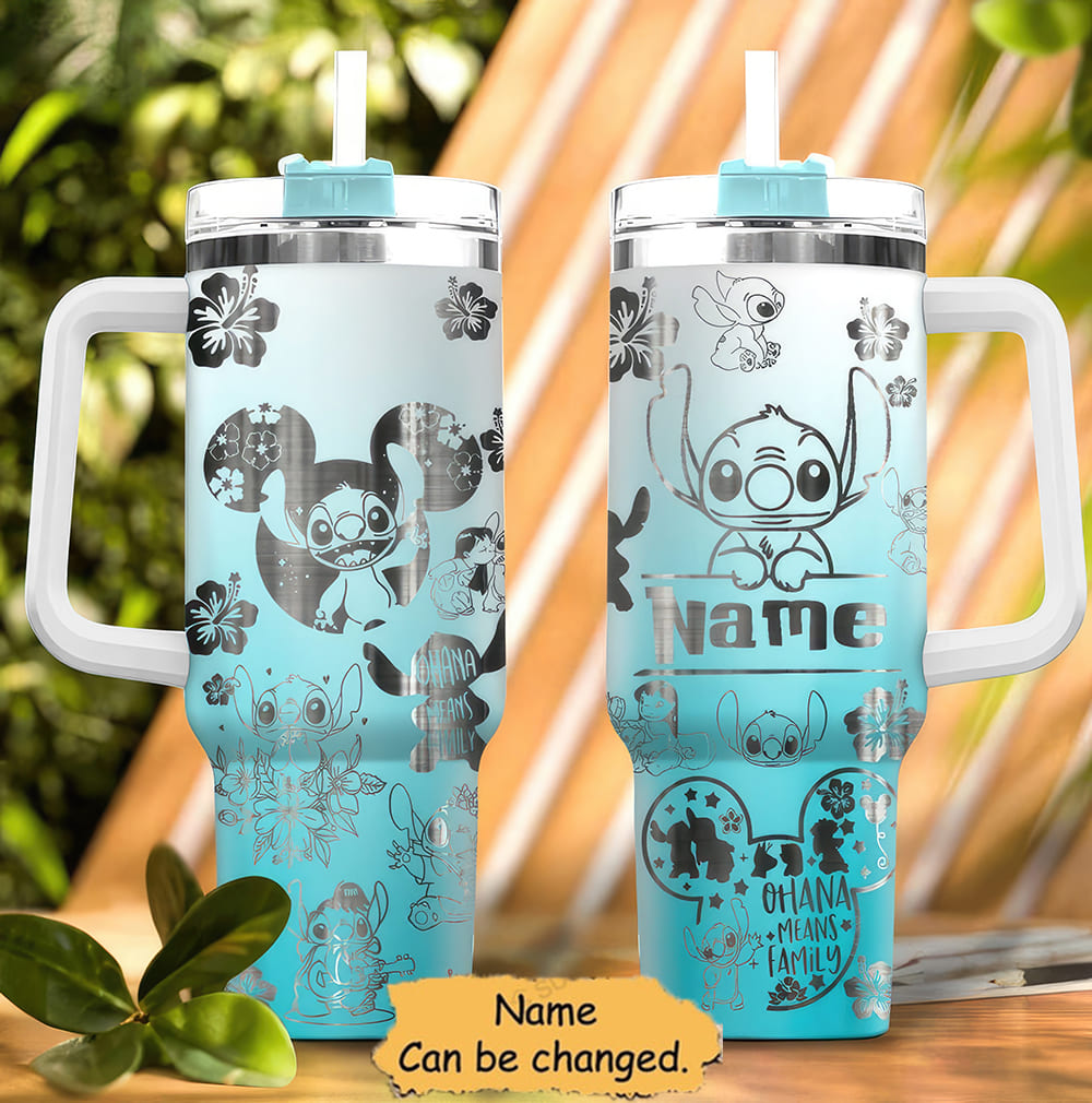 Stitch Cartoon BLue Custom Quencher 40oz Stainless Steel Tumbler With Handle HG