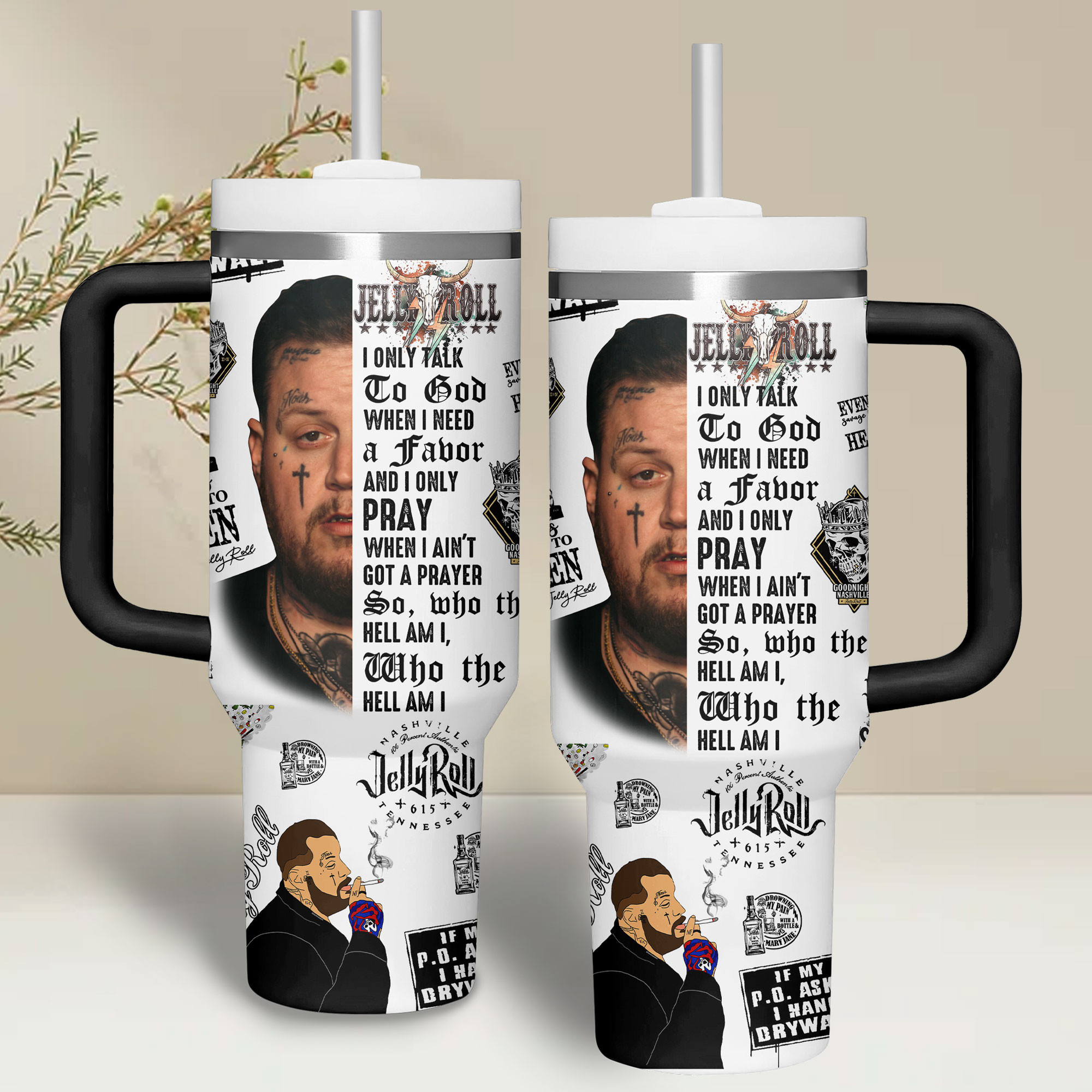 Jelly Roll Music Custom Stanley Quencher 30oz or 40oz Stainless Steel Tumbler With Handle HG