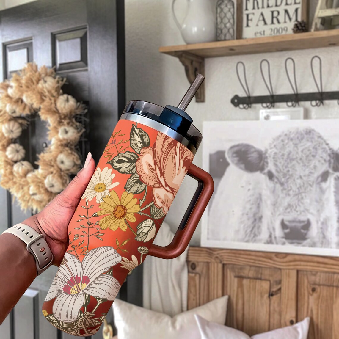 Floral Boho Flowers 30oz or 40oz Tumbler Spring 40oz Tumbler with Lid and Straw Gift For Her Him Birthday Gift LN