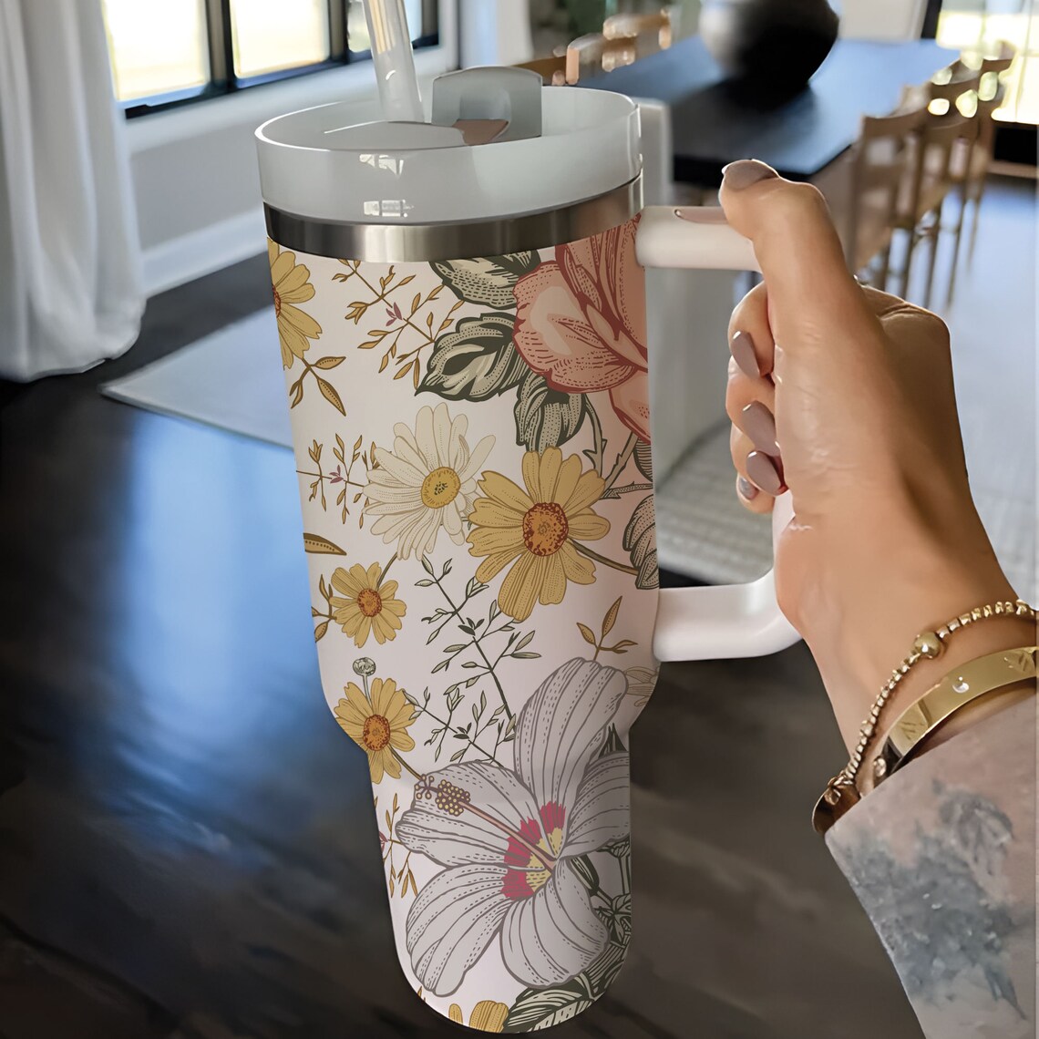 Floral Boho Flowers 30oz or 40oz Tumbler Spring 40oz Tumbler with Lid and Straw Gift For Her Him Birthday Gift LN
