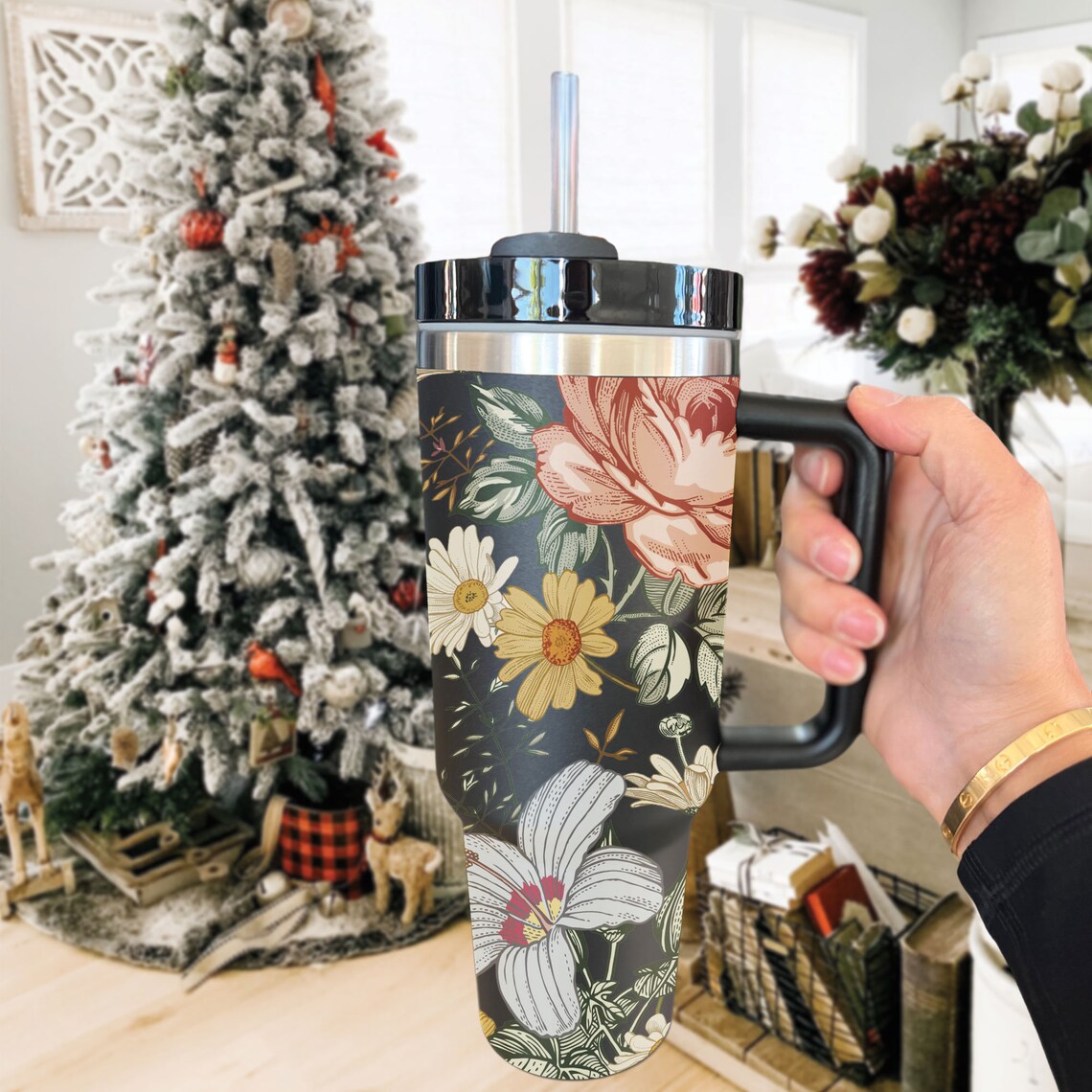 Floral Boho Flowers 30oz or 40oz Tumbler Spring 40oz Tumbler with Lid and Straw Gift For Her Him Birthday Gift LN